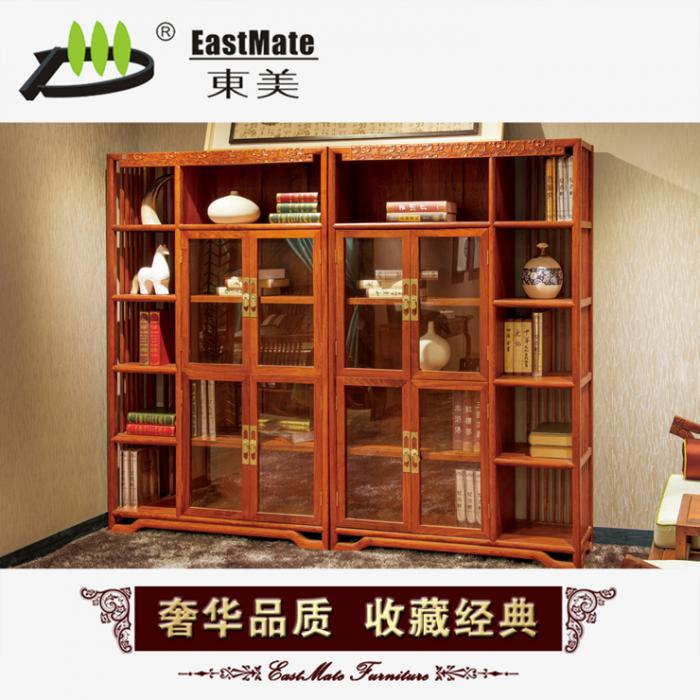 红木家具 刺猬紫檀新古典书柜 花梨木实木图书柜 玻璃书柜